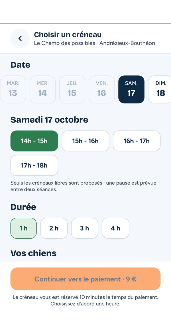 Écran de réservation : choix du jour, du créneau horaire et de la durée